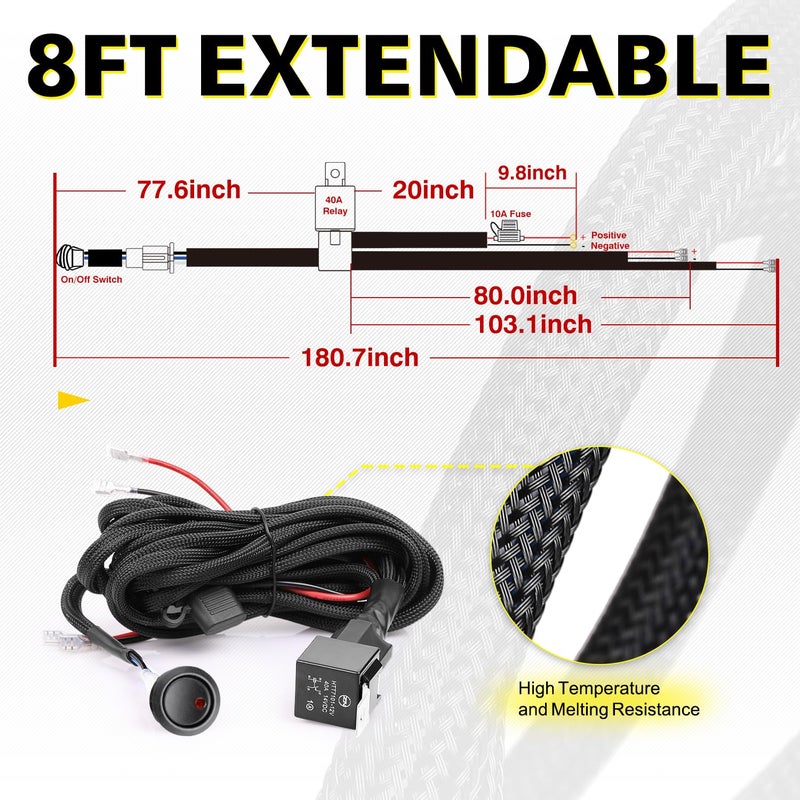 AKD Part Wiring Harness 2 Leads, AKD Part Light Bar Wire Harness Kit for LED Light Bar Fog Lights w/ 12V 40A Relay Fuse Rocker Switch Wiring Harness for ATV UTV SUV Offroad Trucks Pickup Boat - Image 2